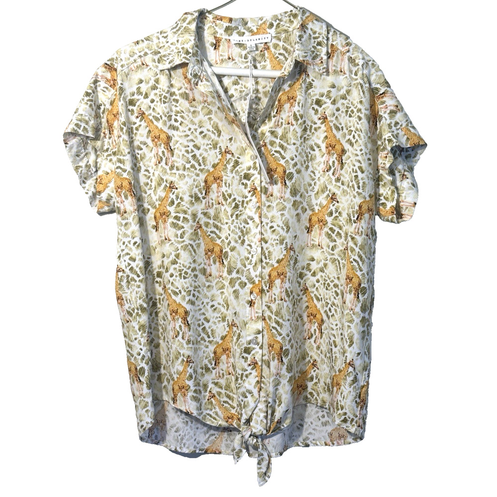 Jane & Delancey Womens Small Giraffe Blouse Button Front Short Sleeve Safari NWT